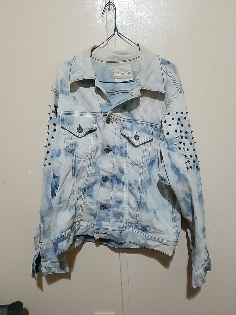 Mono B Jean Jacket Studded Size Medium Faded Acid Wash Denim Discolored Spots